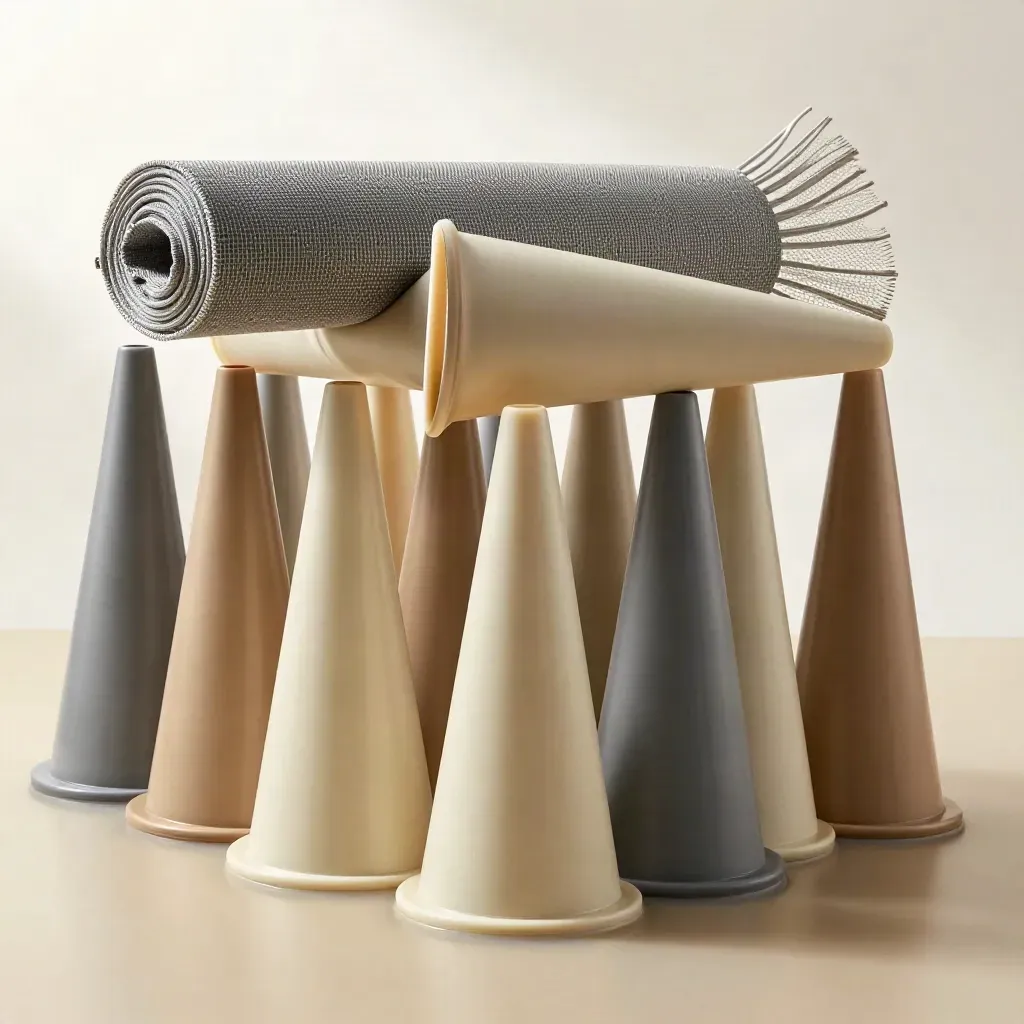 Stack of training cones with a mesh bag on pale resin, lit dramatically in a clean studio.
