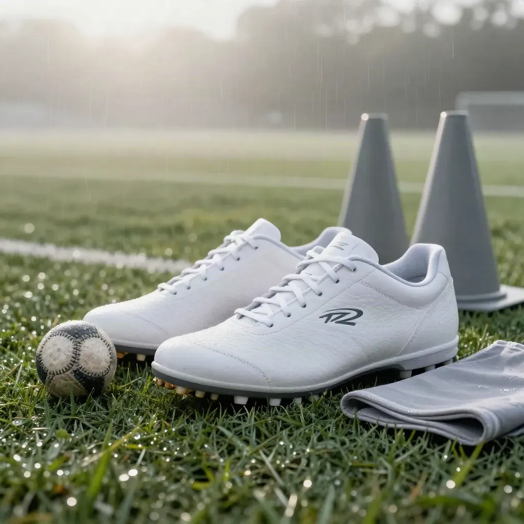 White soccer boots, ball, cones and bib on wet grass at dawn.