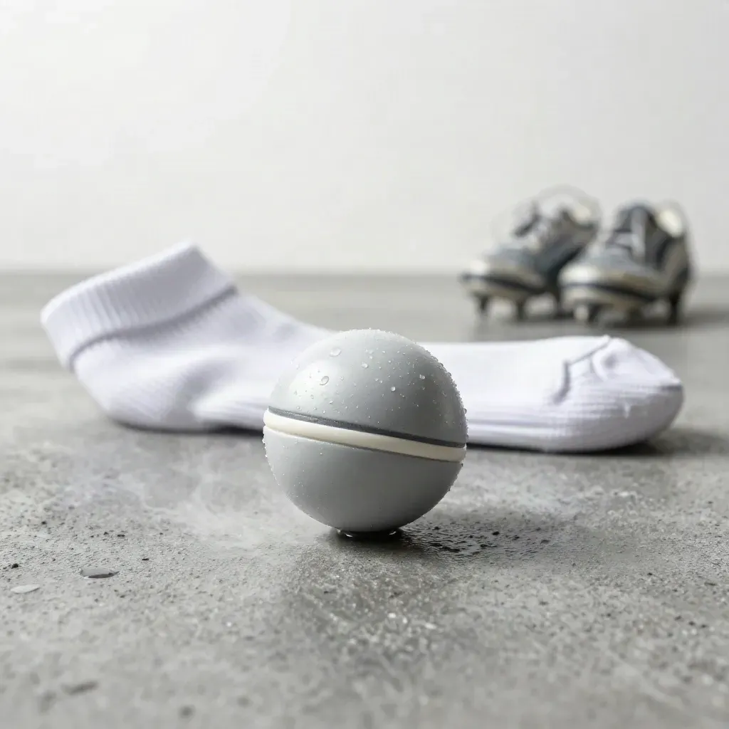 Rain-beaded match ball floating above concrete with a sock and blurred cleats behind
