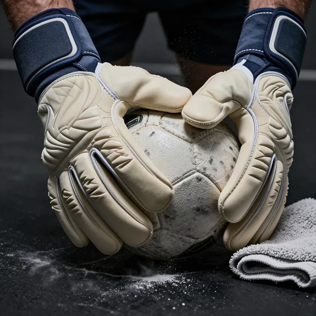 Macro of goalkeeper gloves framing a training ball and towel on a dark studio surface