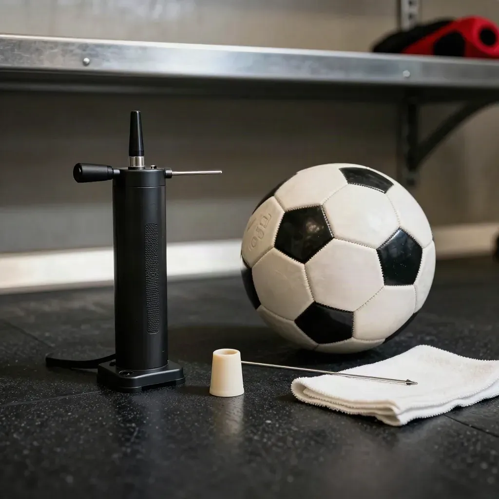 Ball needle pump kit with spare needle and cloth beside a deflated training ball valve.